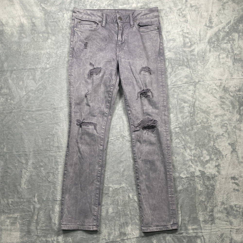 American Eagle Slim Jeans Mens Gray Airflex+ Distressed Ripped Acid Wash 30x30